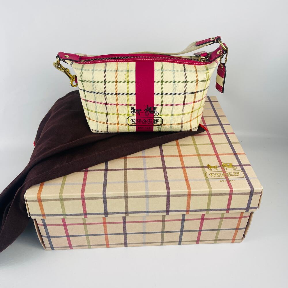 Vintage Coach Y2K Heritage Stripe Tattersall Hobo White/Berry Pink with Box/Bag